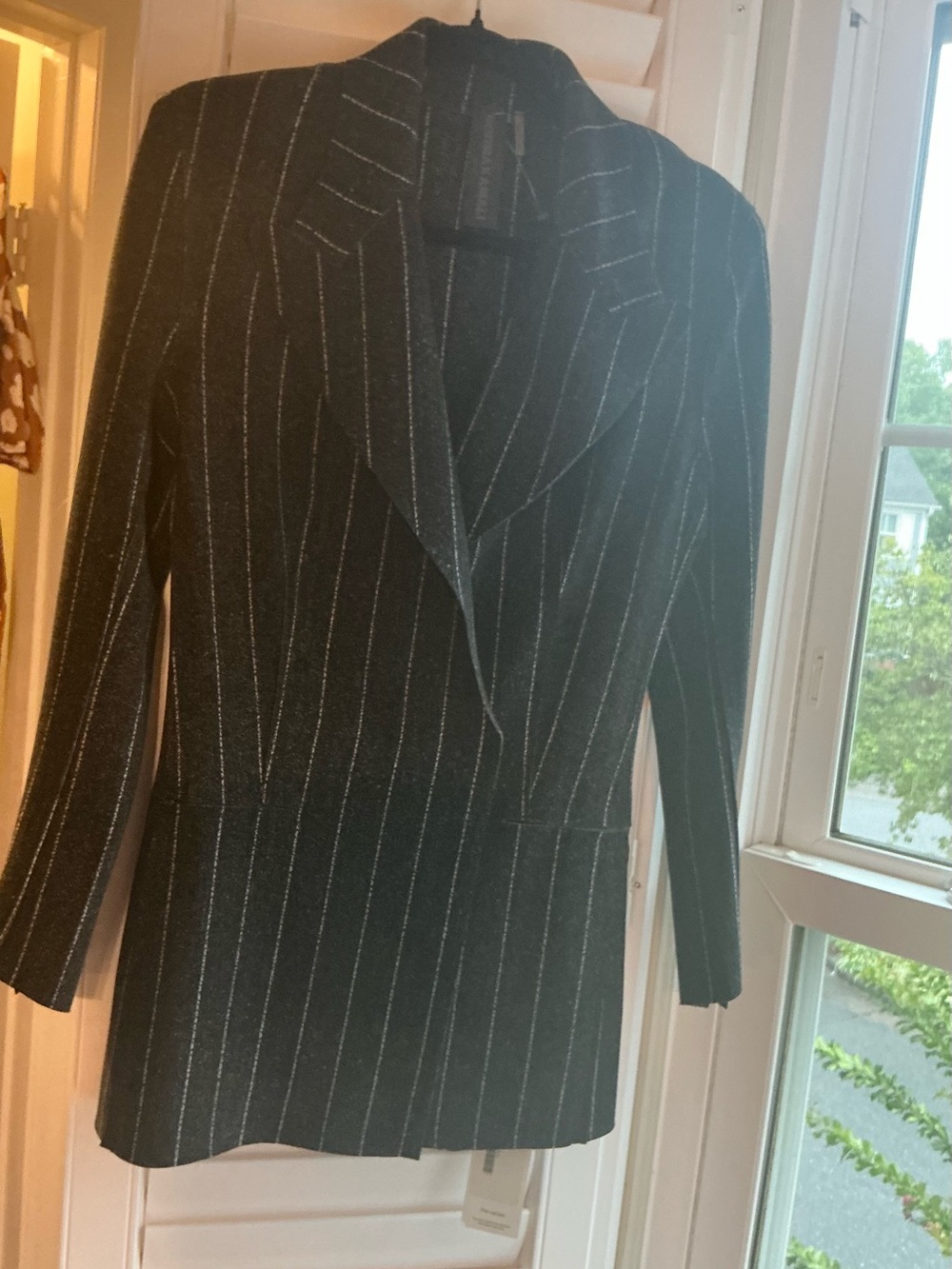 NORMA KAMALI Double Breasted Pinstriped Jacket in dark Gray. Size XS.